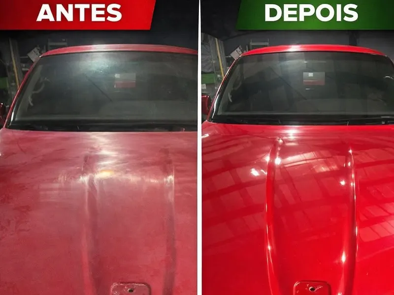 Capô vermelho opaco antes e com brilho restaurado depois do polimento