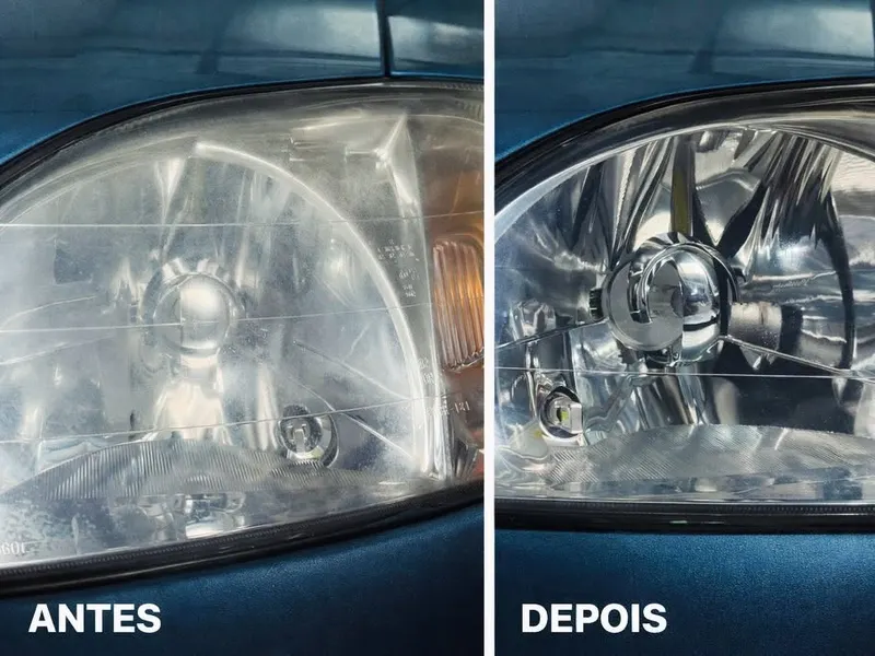 Farol amarelado antes e transparente depois da restauração